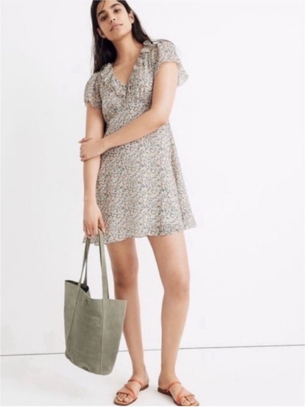Madewell Beige Floral V‑Neck Silk Mini Dress Size 6